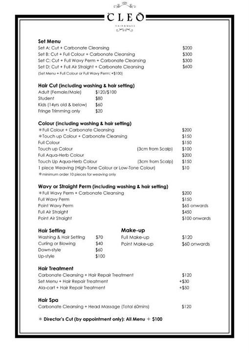 Cleo Hair Price List